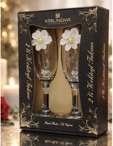 KirLiNova Çiçek Varaklı Kokteyl Kadehi 2’li – (Kahve Yanı Su / Kokteyl Bardağı 190 ml)