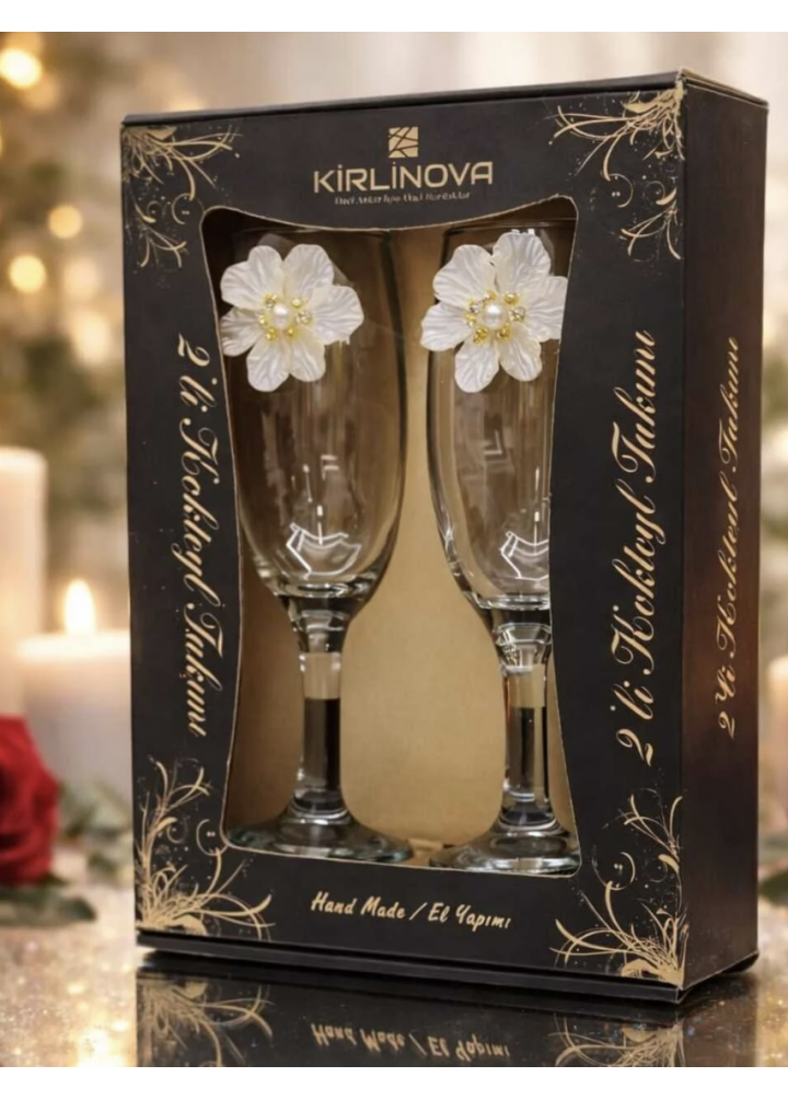 KirLiNova Çiçek Varaklı Kokteyl Kadehi 2’li – (Kahve Yanı Su / Kokteyl Bardağı 190 ml)