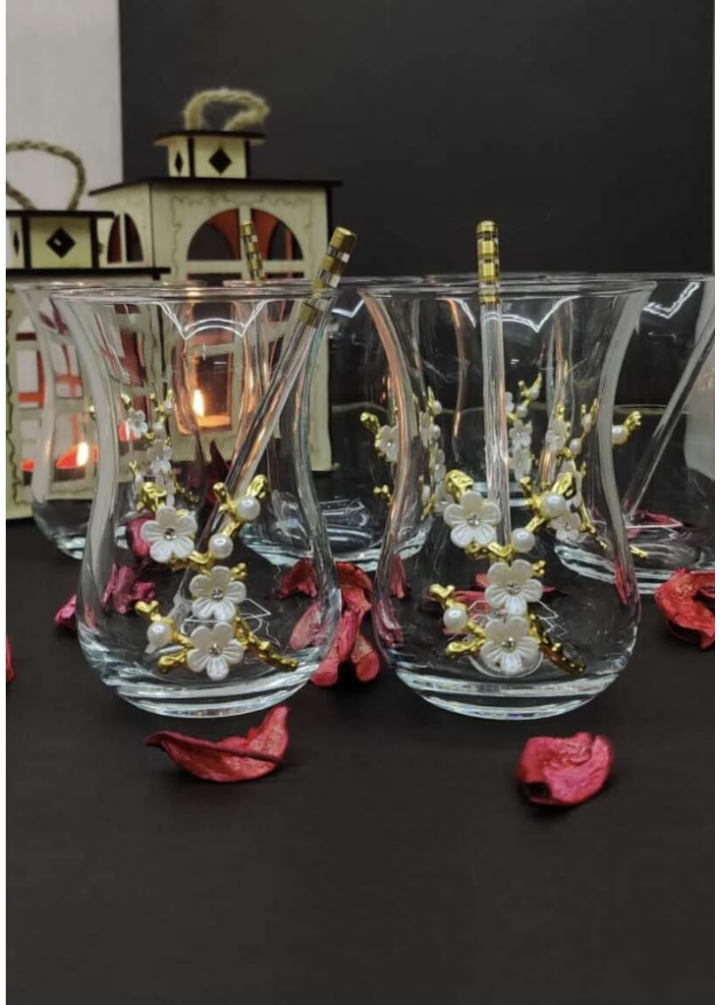 KirLiNova Çiçek Detaylı Cam Çay Bardağı 6lı