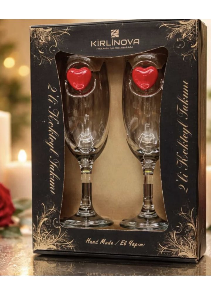 KirLiNova Kırmızı Kalp Detaylı Kokteyl Kadehi 2 li - (Kahve Yanı Su/Kokteyl Bardak) 190 ml