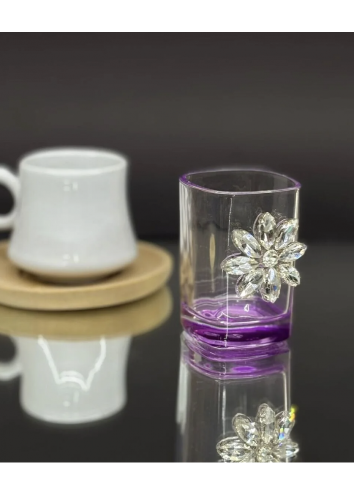 KirLiNova Kristal Taş Detaylı Cam Kahve Yanı Bardağı/Kahve Yanı (2’li Takım) - Mor