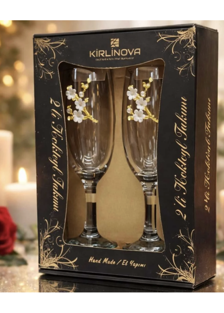 KirLiNova Çiçek Detaylı Kokteyl Kadehi 2’li Set – 190 ml / Kahve Yanı Su & Kokteyl Bardağı