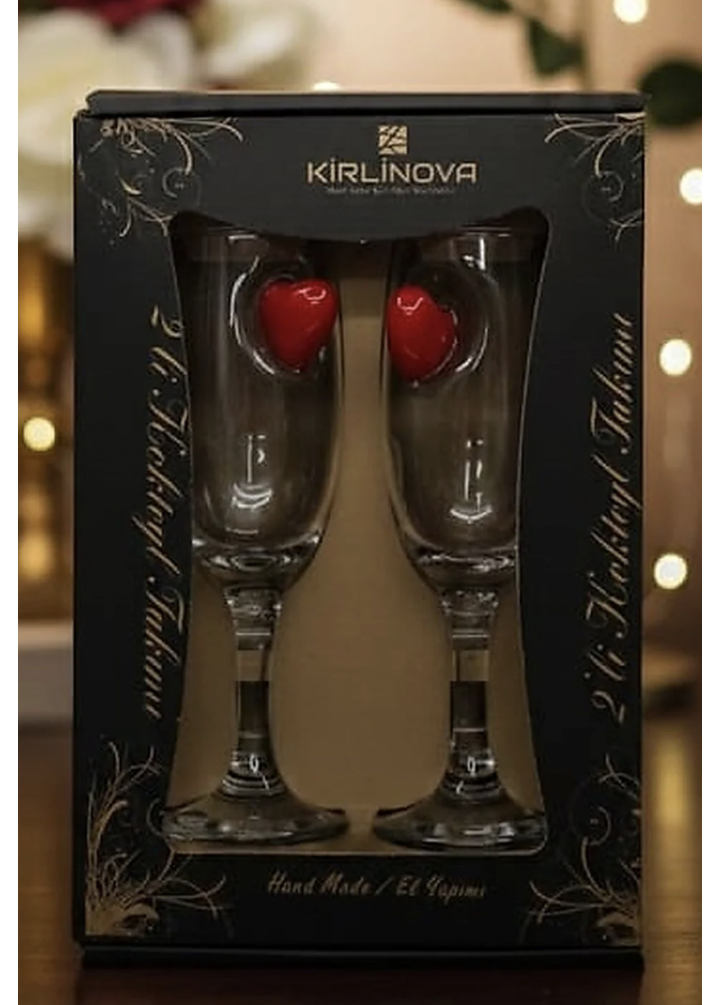 KirLiNova Kırmızı Dikey Kalp Kokteyl Kadehi 2 li - (Kahve Yanı Su/Kokteyl Bardak) 190 ml