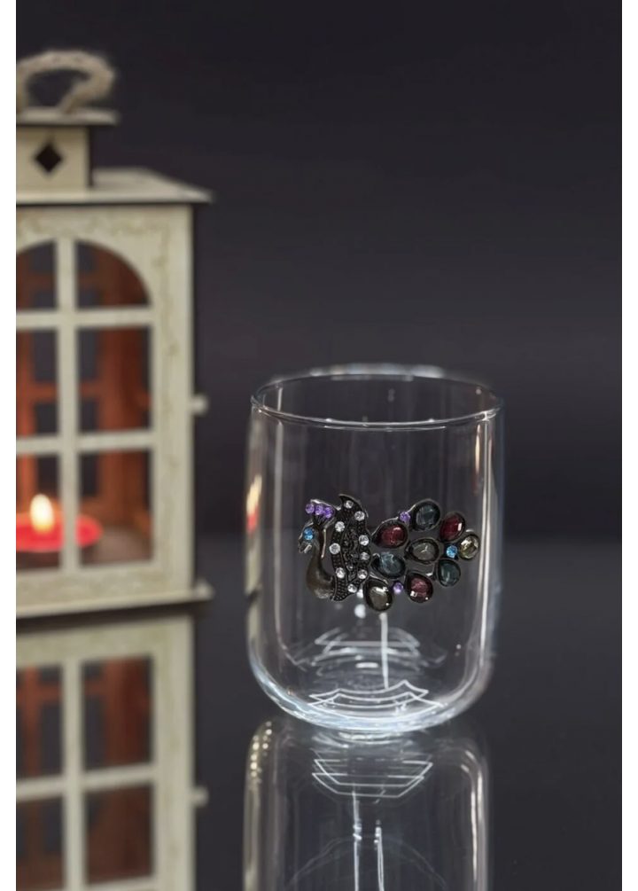 KirLiNova Kristal Taş Detaylı Cam Bardak Tavus Kuşu Figürlü