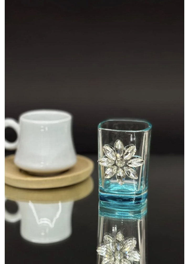 KirLiNova Kristal Taş Detaylı Cam Kahve Yanı Bardağı/Kahve Yanı (2’li Takım) -Mavi