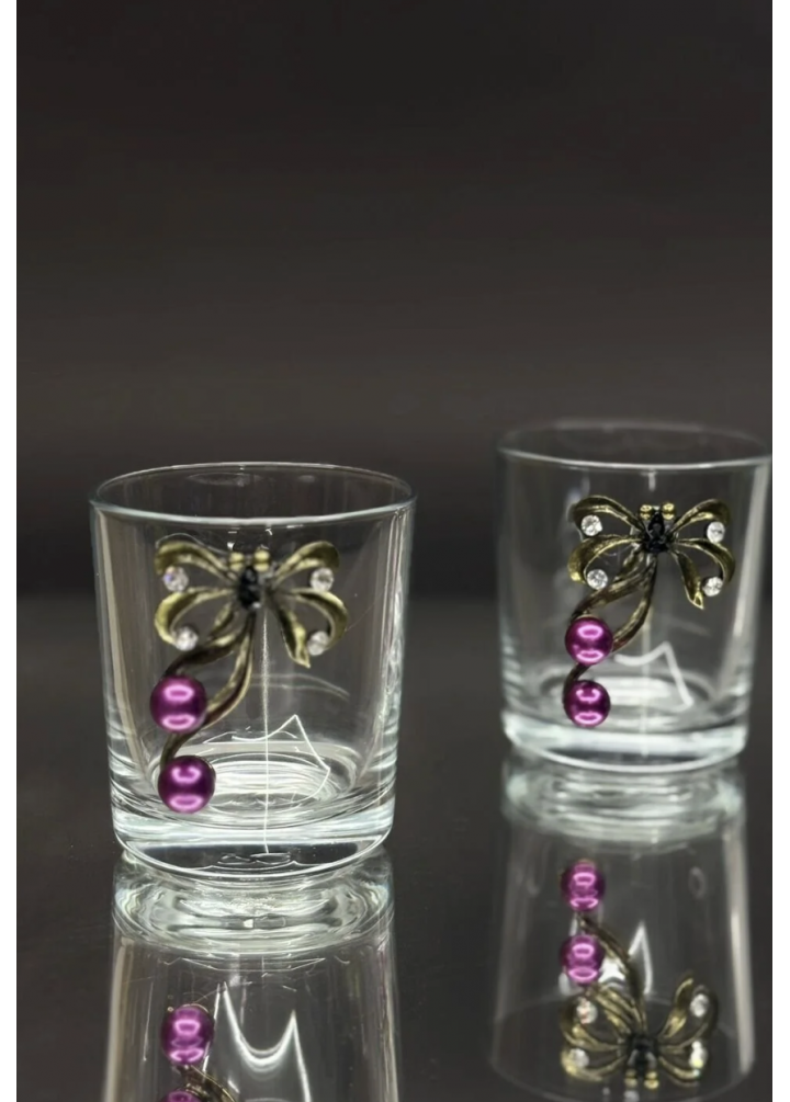 KirLiNova Kelebek Figürlü İnci Detaylı Cam Kahve Yanı & Meşrubat Bardak – 190 ml (2’li Set)