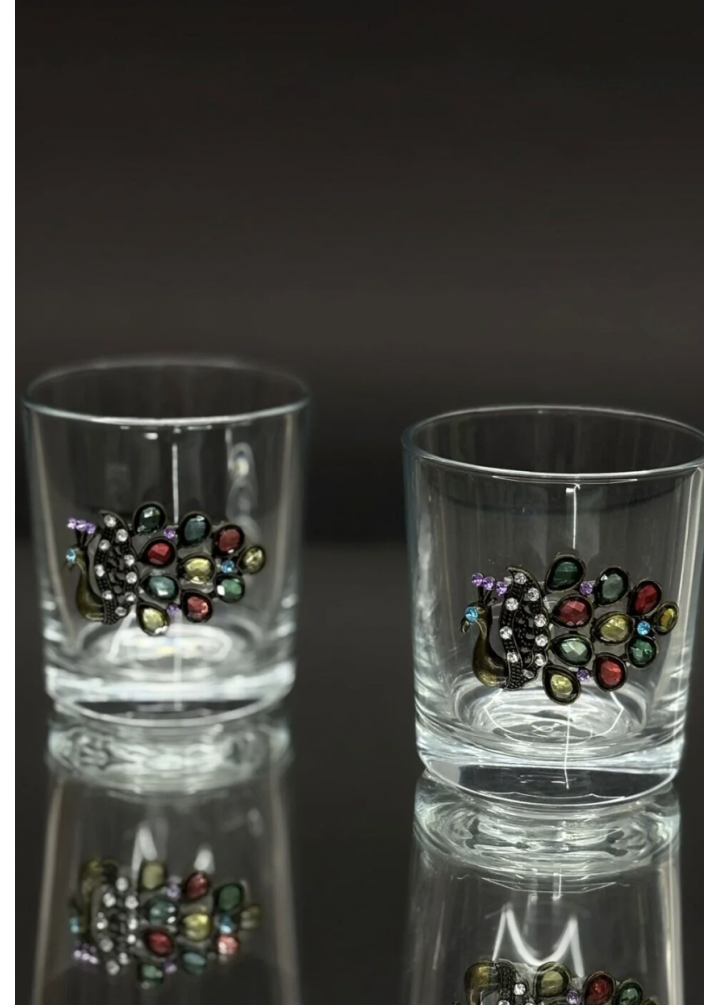 KirLiNova Tavus Kuşu Figürlü Cam Kahve Yanı & Meşrubat Bardağı – 190 ml (2’li Set)