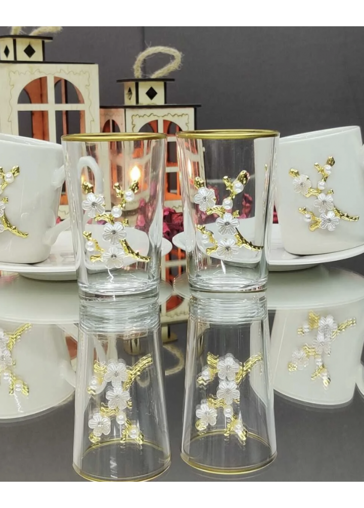 KirLiNova Dal Çiçek Kahve Fincanı ve Kahve Yanı Bardak Seti 2li