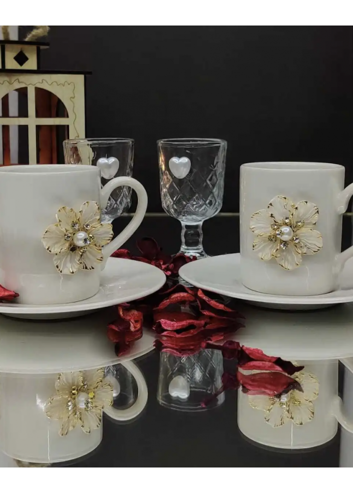 KirLiNova Çiçek Varaklı Porselen Kahve Fincanı 2li Takım