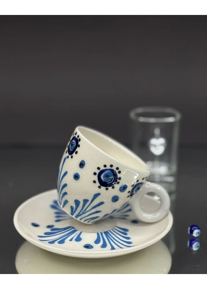 KirLiNova Nazar Gözlü Porselen 2’li Fincan Seti – El Dekorlu Kahve Fincanı Takımı