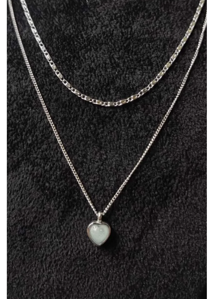 KirLiNova Çift Zincirli Kalp Uçlu Gümüş Ton Kolye -Gümüş