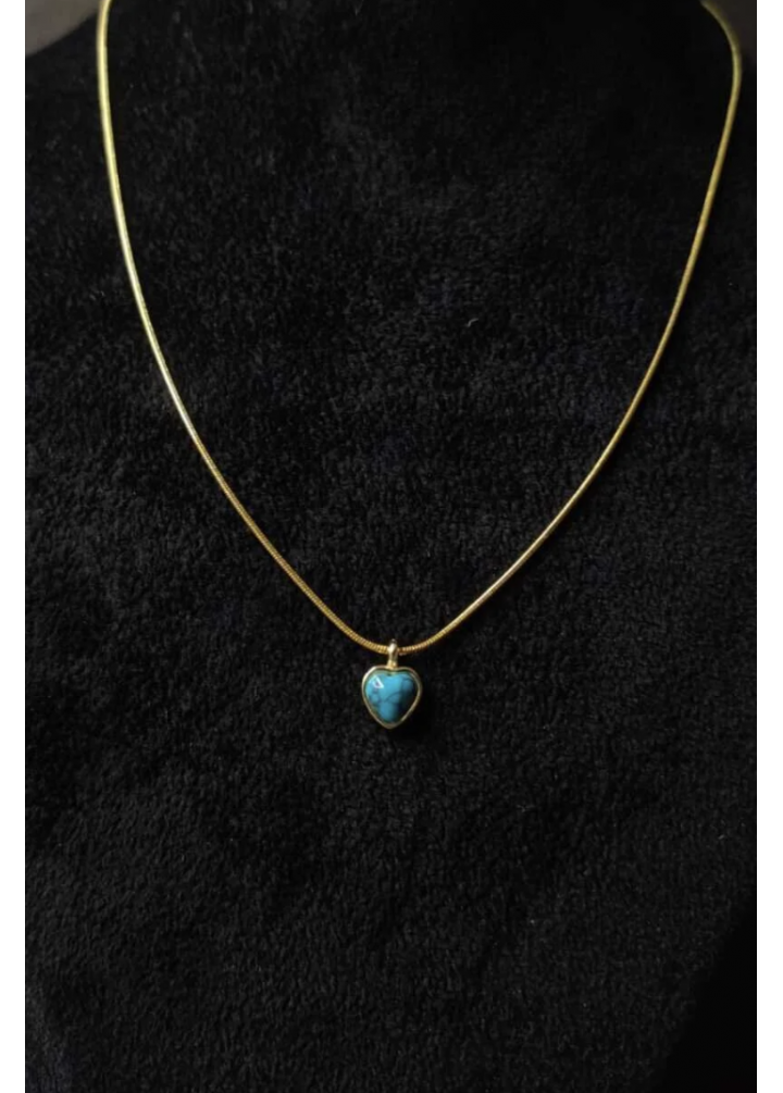 KirLiNova Turkuaz Kalp Taşlı Minimal Gold Çelik Kolye -Altın