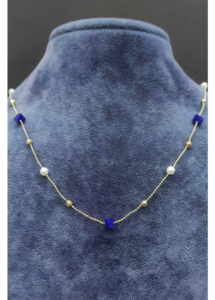 KirLiNova Mavi Taş & İnci Detaylı Minimal Kolye -Saks