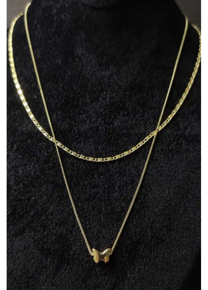 KirLiNova Kelebek Figürlü Gold Çift Zincirli Kolye -Altın