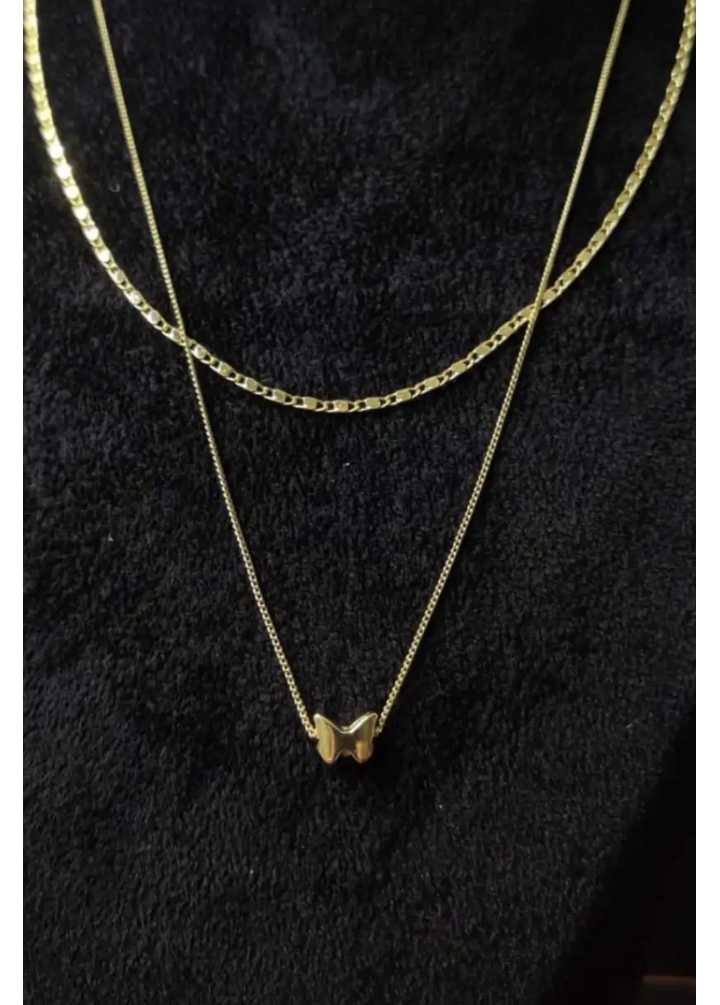 KirLiNova Kelebek Figürlü Gold Çift Zincirli Kolye -Altın