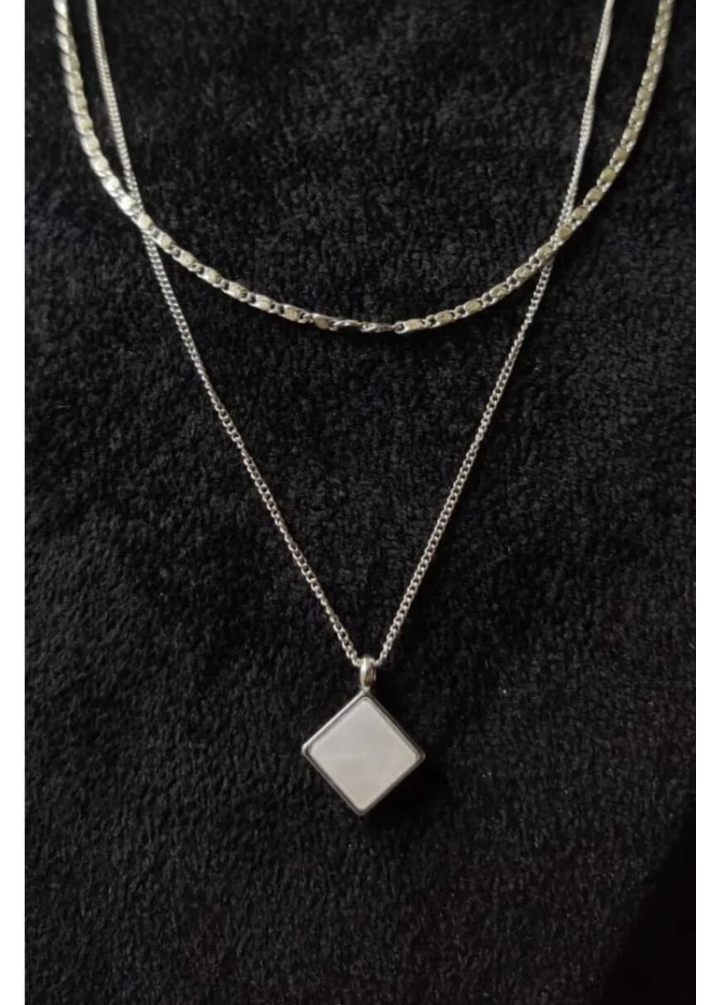 KirLiNova Geometrik Kare Figürlü İkili Kadın Kolye Zincir - Renk Gümüş