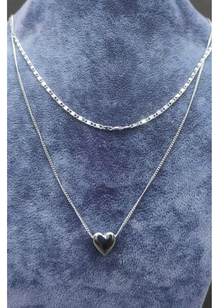 KirLiNova Çift Zincirli Kalp Figürlü Gümüş Ton Kolye -Gümüş