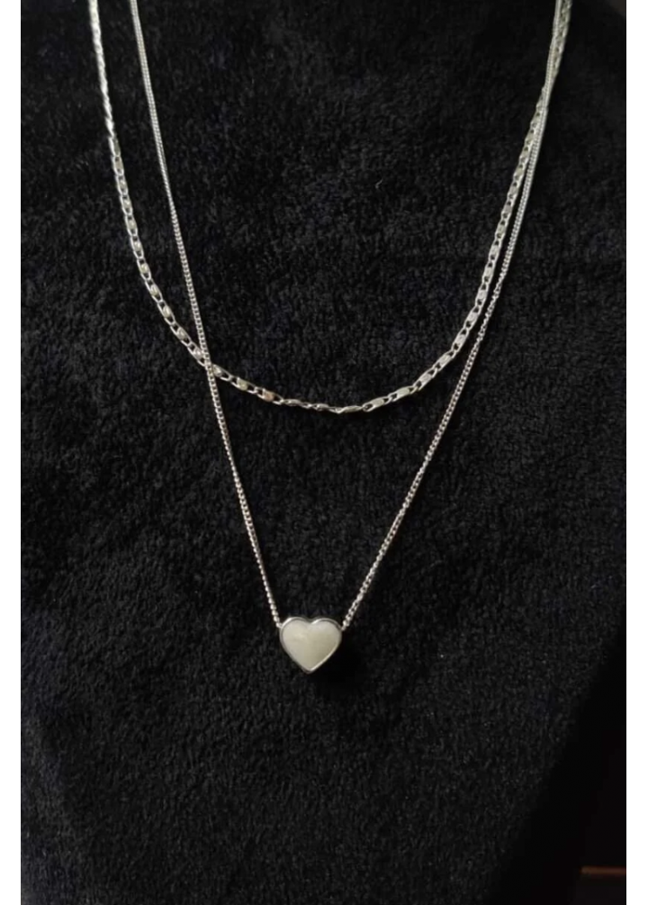 KirLiNova Kalp Figürlü Gümüş Renk Çift Zincir Kolye -Gümüş