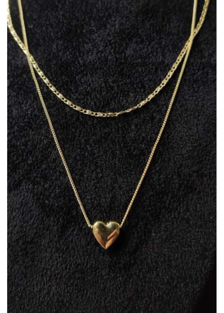 KirLiNova Kalp Figürlü Gold Çift Zincir Kolye -Altın
