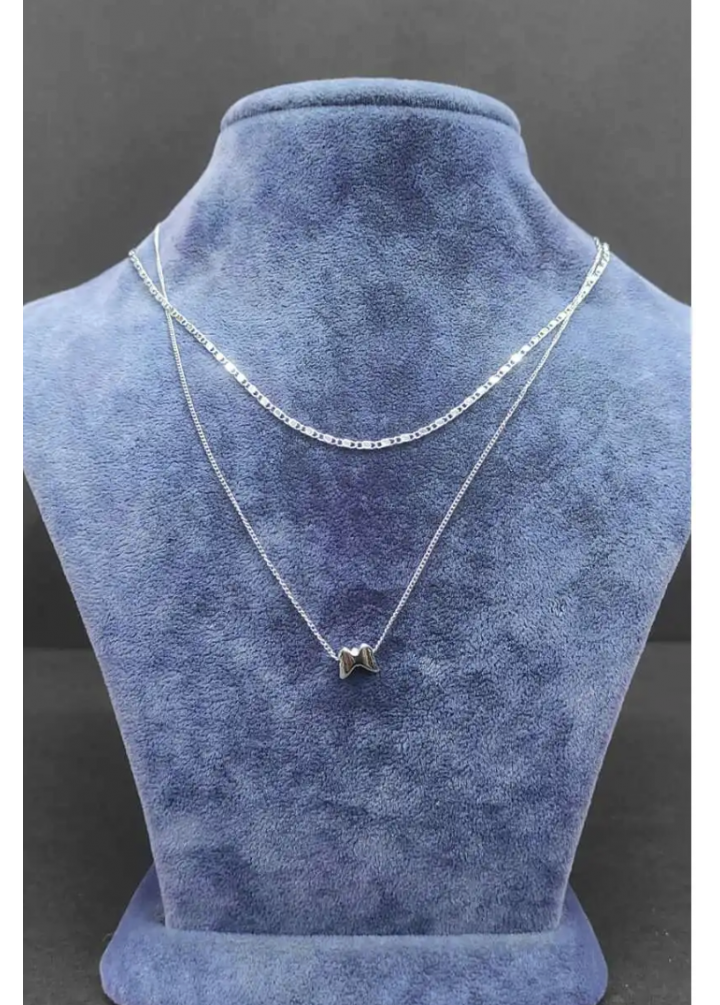 KirLiNova Çift Zincirli Fiyonk Figürlü Gümüş Ton Kolye -Gümüş