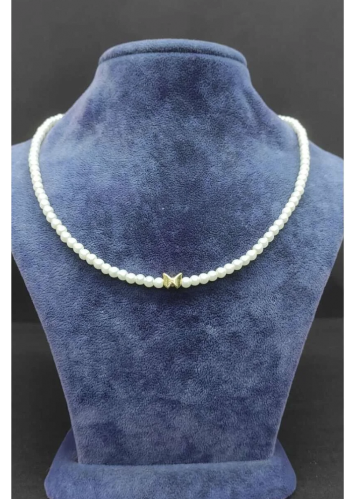 KirLiNova İnci Dizilimli Kelebek Detaylı Choker Kolye -Beyaz