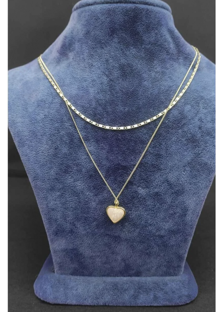 KirLiNova Kalp Taş Detaylı Çift Katmanlı Gold Görünümlü Kolye -Altın