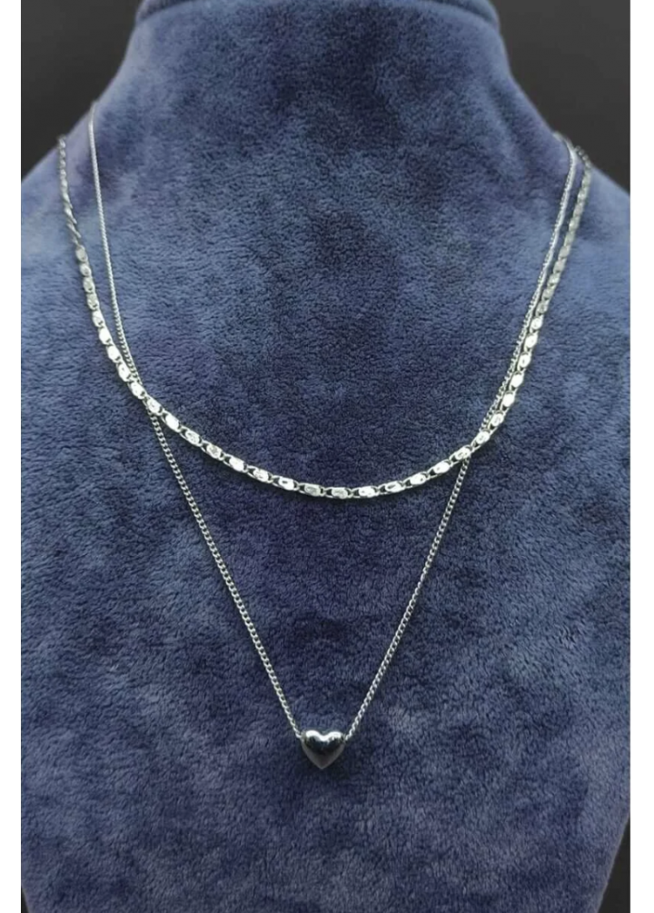 KirLiNova Kalp Figürlü Çift Katmanlı Gümüş Ton Minimal Kolye -Gümüş