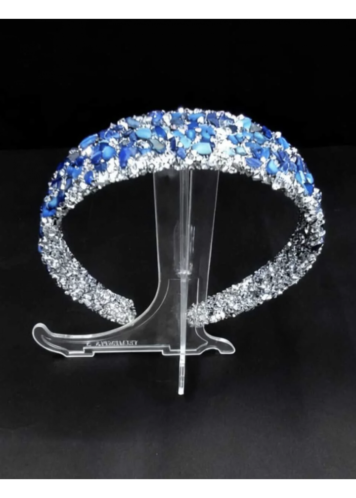 KirLiNova Mavi Taşlı Geniş Taç – Gümüş Tonlu El Yapımı Özel Tasarım -Mavi