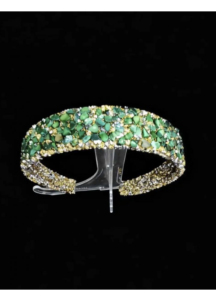KirLiNova Yeşil Taşlı Geniş Taç – Altın Tonlu El Yapımı Özel Tasarım - Yeşil